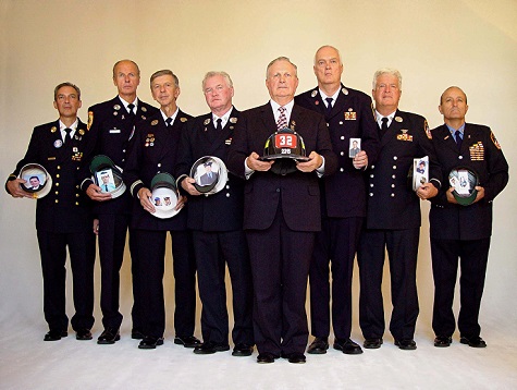 Band of Dads, Sept. 3, 2002. Left to Right: Al Petrocelli, Dennis O'Berg, John Vigiano, Billy Butler, Jack Lynch, George Riley, Paul Geidel, Lee Ielpi. 