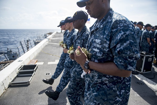 On the 16th anniversary of September 11, the crew of the USS New York gathered on the ship's deck to commemorate the day. 