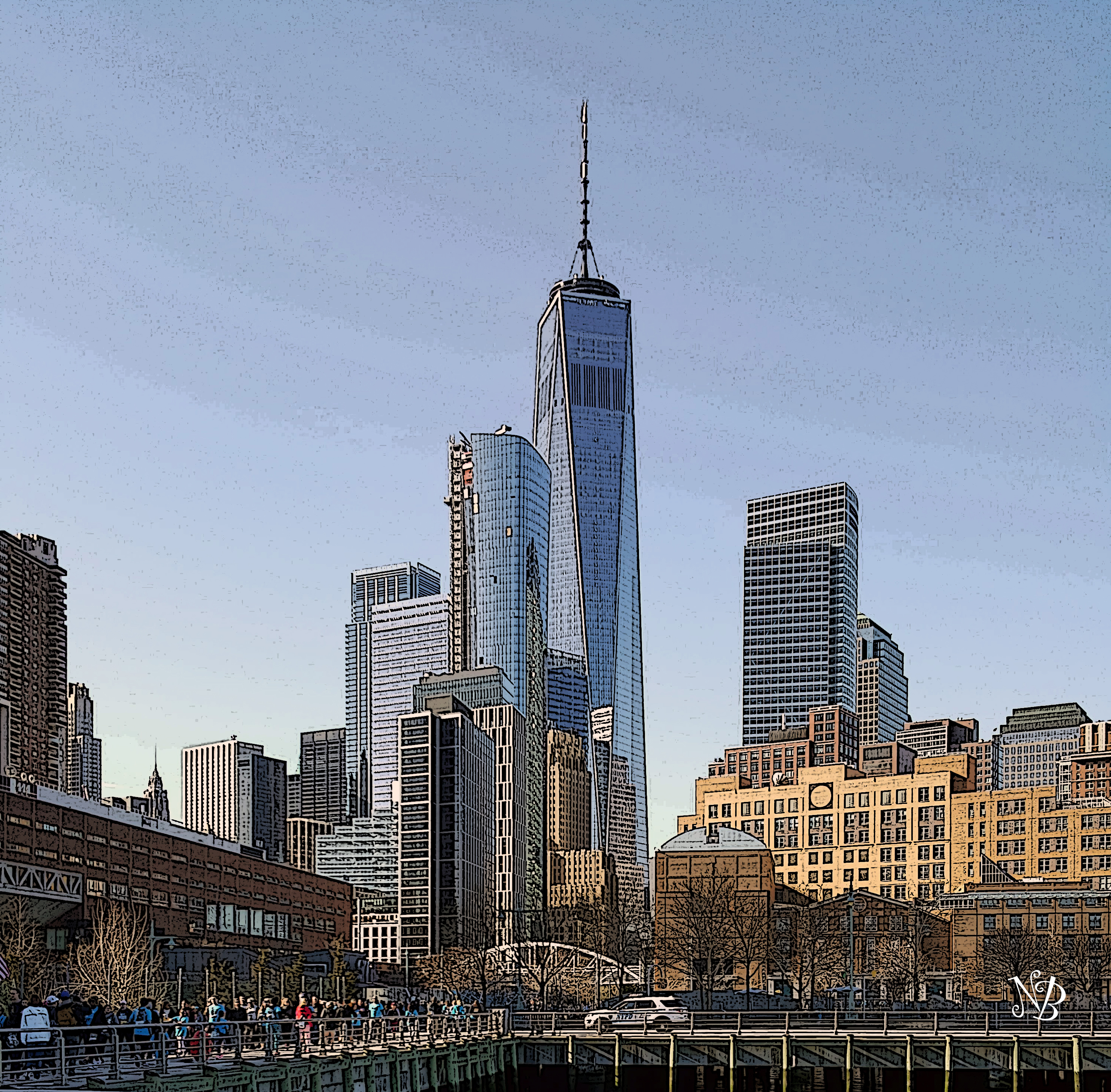 The new tower rises about the waterfront, as memorial runners pass below. Digital Art Photography.