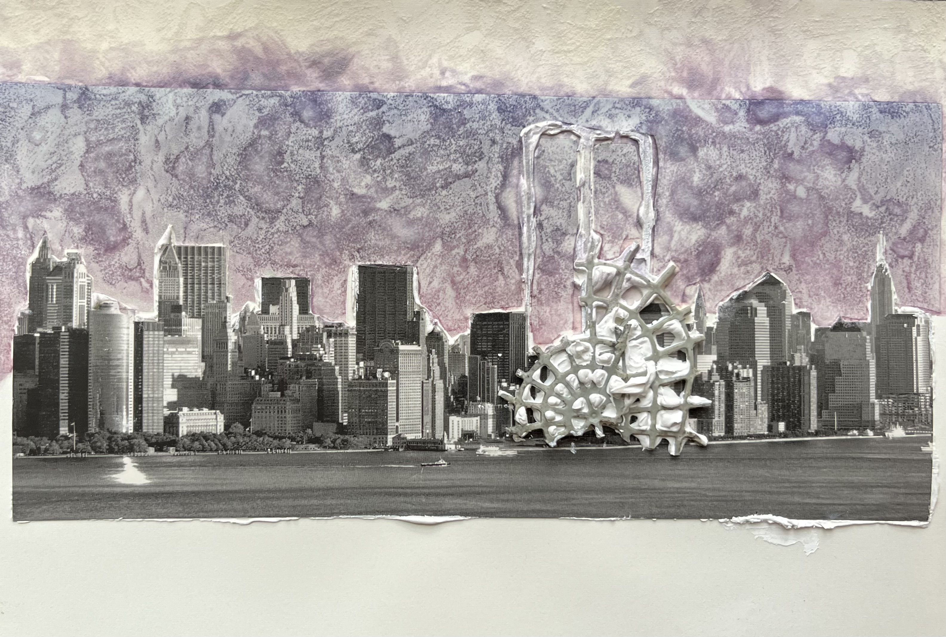 A collage of the New York City skyline with the Twin Tower absent but outlined in white. Below the Towers is fan-shaped debris. The background is shades of purple.