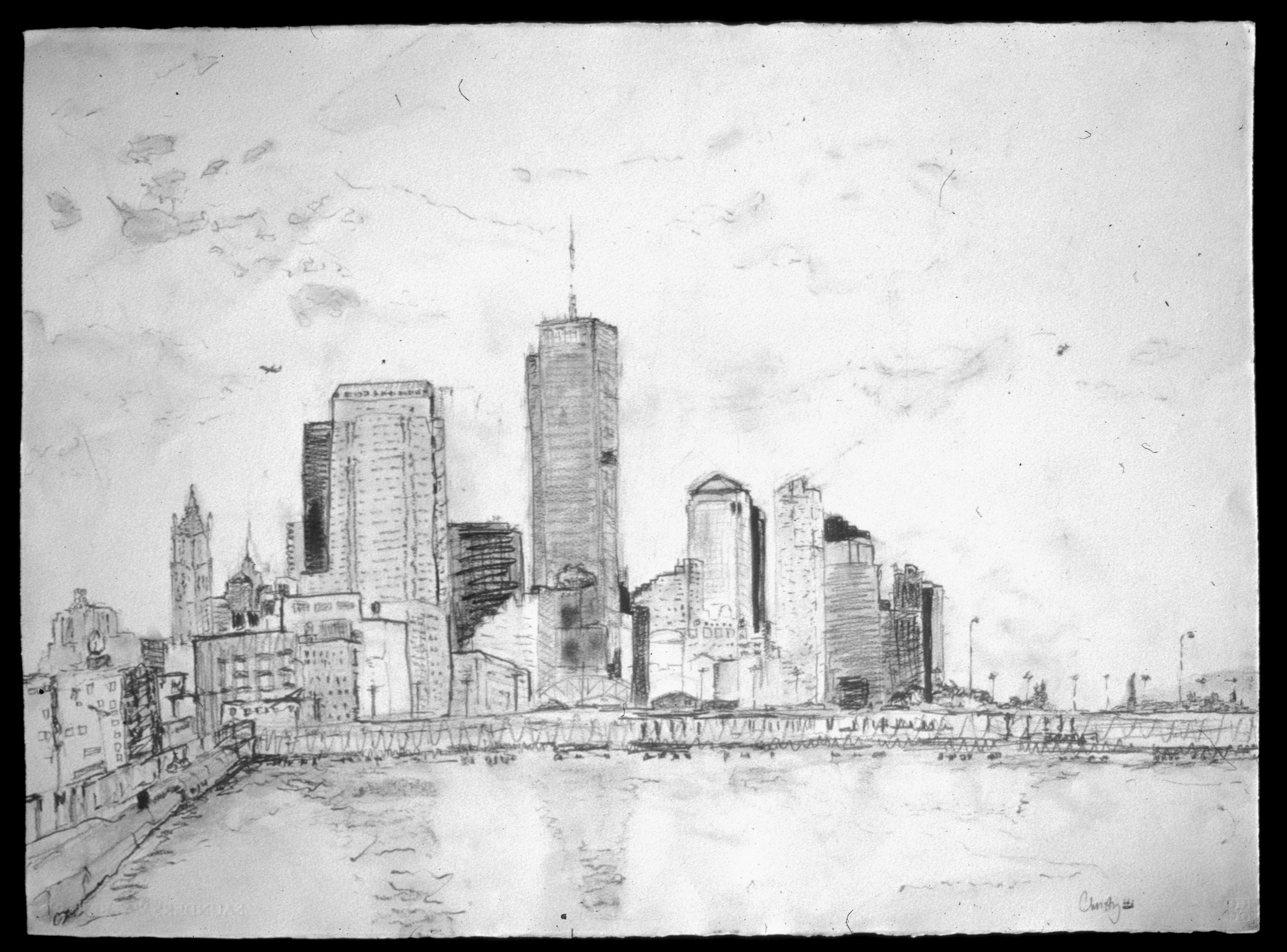 Drawing of NYC Hudson River Waterfront (April 2001) by Christy Symington