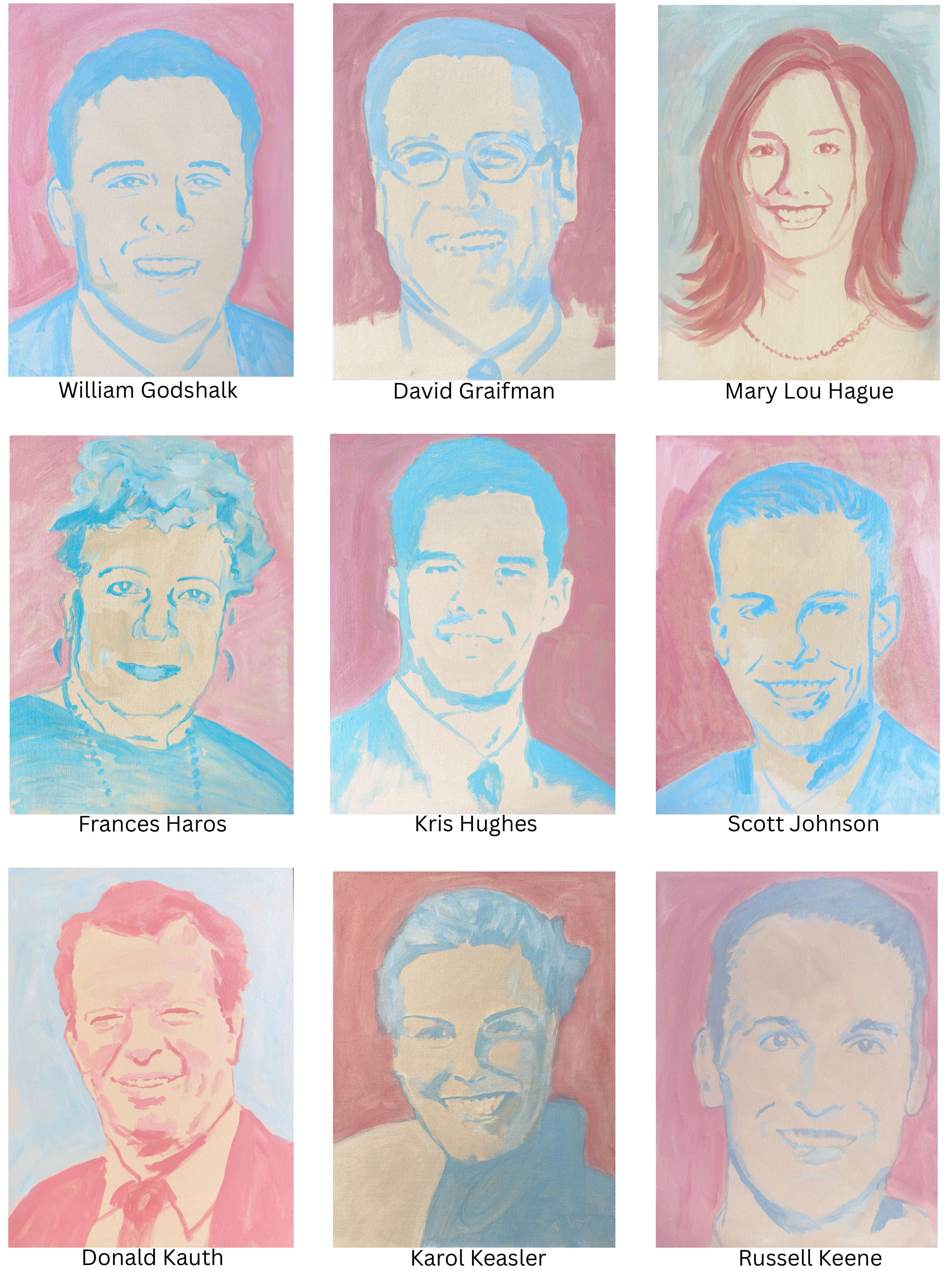 I painted 67 portraits—one for each coworker lost on September 11, 2001. We worked at Keefe, Bruyette & Woods on the 88th and 89th floors of Two World Trade Center (the South Tower). This image shows the third group of the alphabetized series, Portraits 19–27: William Godshalk, David Graifman, Mary Lou Hague, Frances Haros, Kris Hughes, Scott Johnson, Donald Kauth, Karol Keasler, and Russell Keene III.