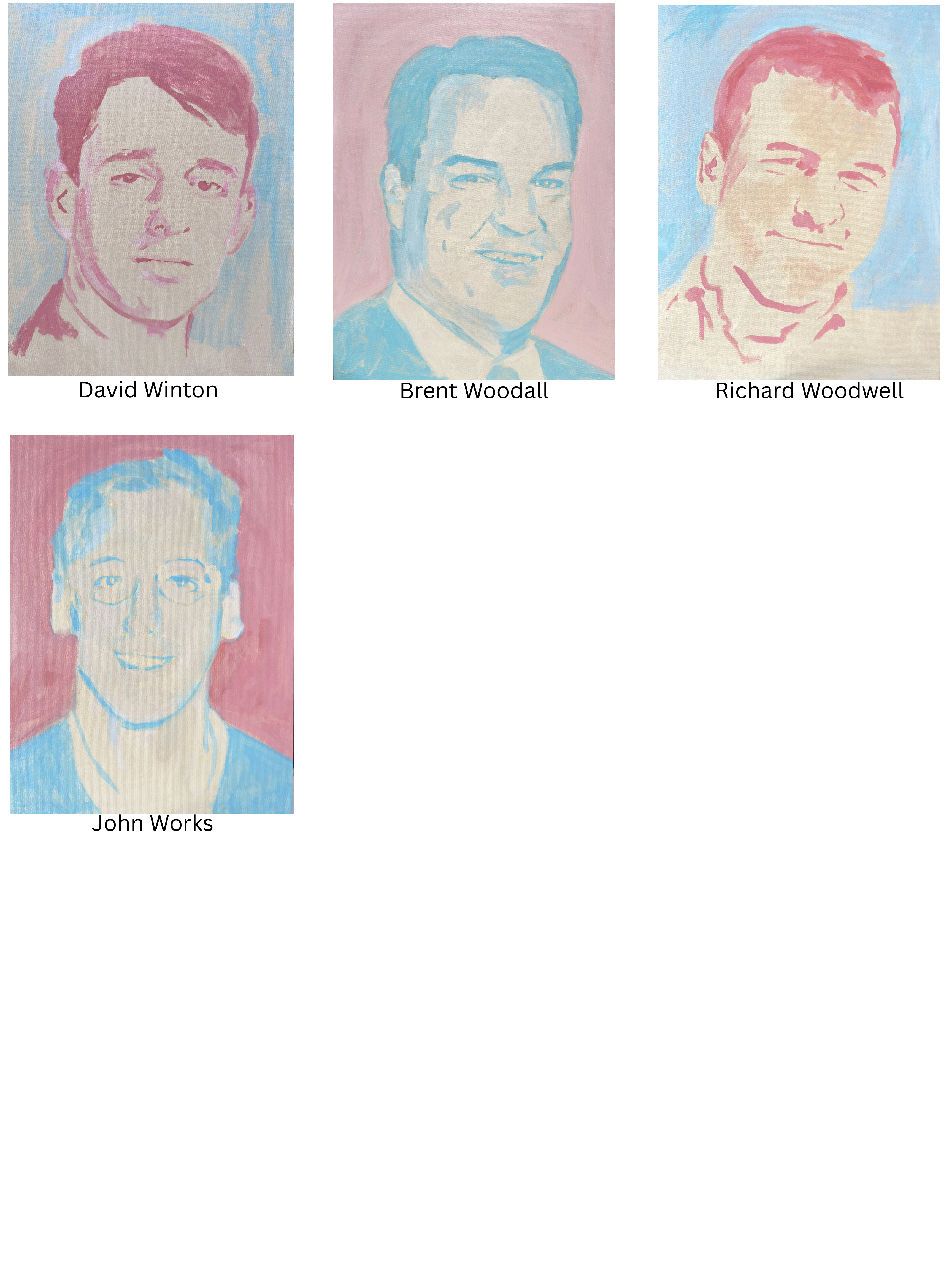 I painted 67 portraits—one for each coworker lost on September 11, 2001. We worked at Keefe, Bruyette & Woods on the 88th and 89th floors of Two World Trade Center (the South Tower). This image shows the final group of the alphabetized series, Portraits 64–67: David Winton, Brent Woodall, Richard 'Woody' Woodwell, and John Works.