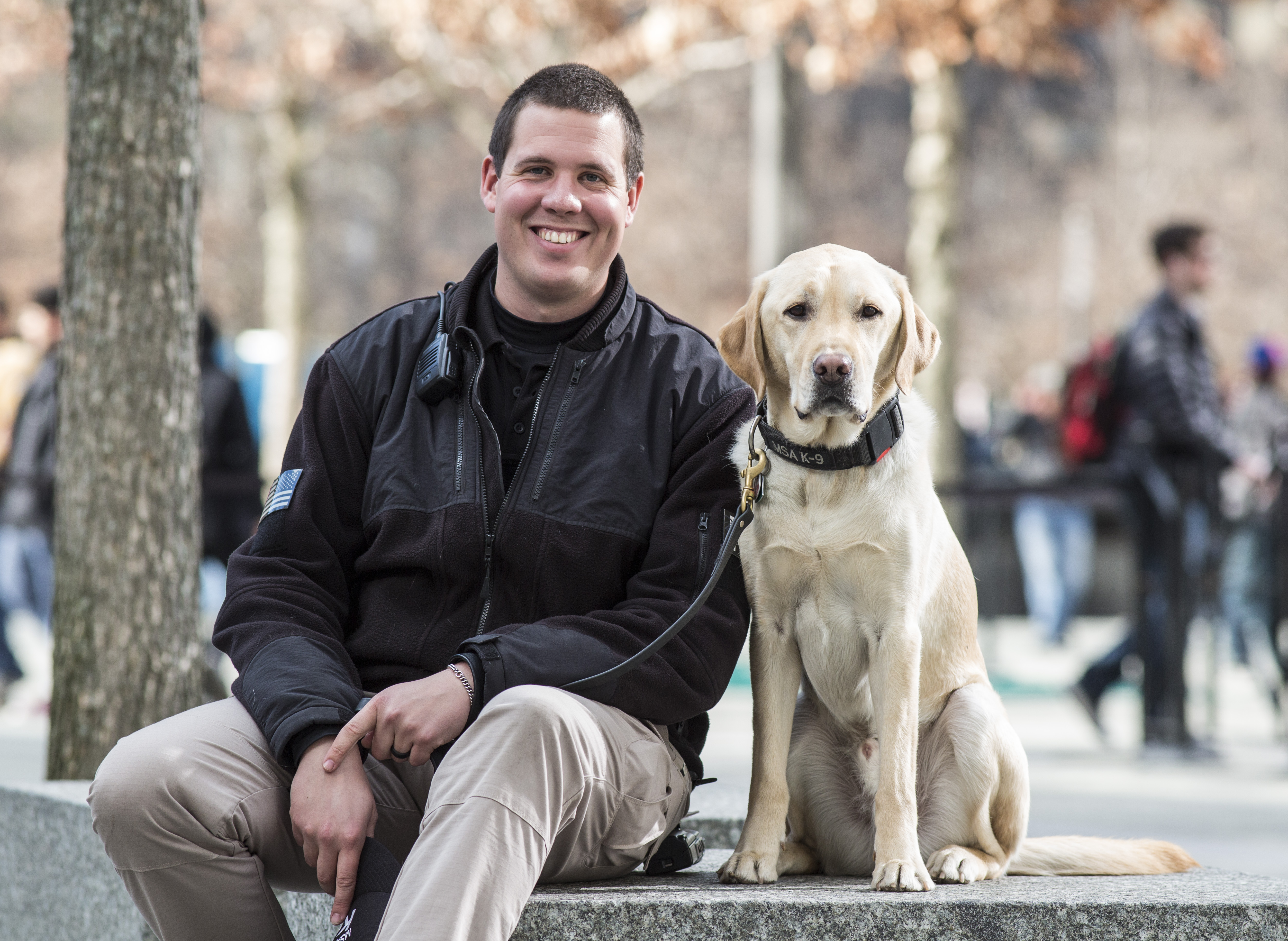 Eisner, a yellow Labrador who is an explosives-detection canine, sits beside his handler Thomas Brown at the 9/11 Memorial.