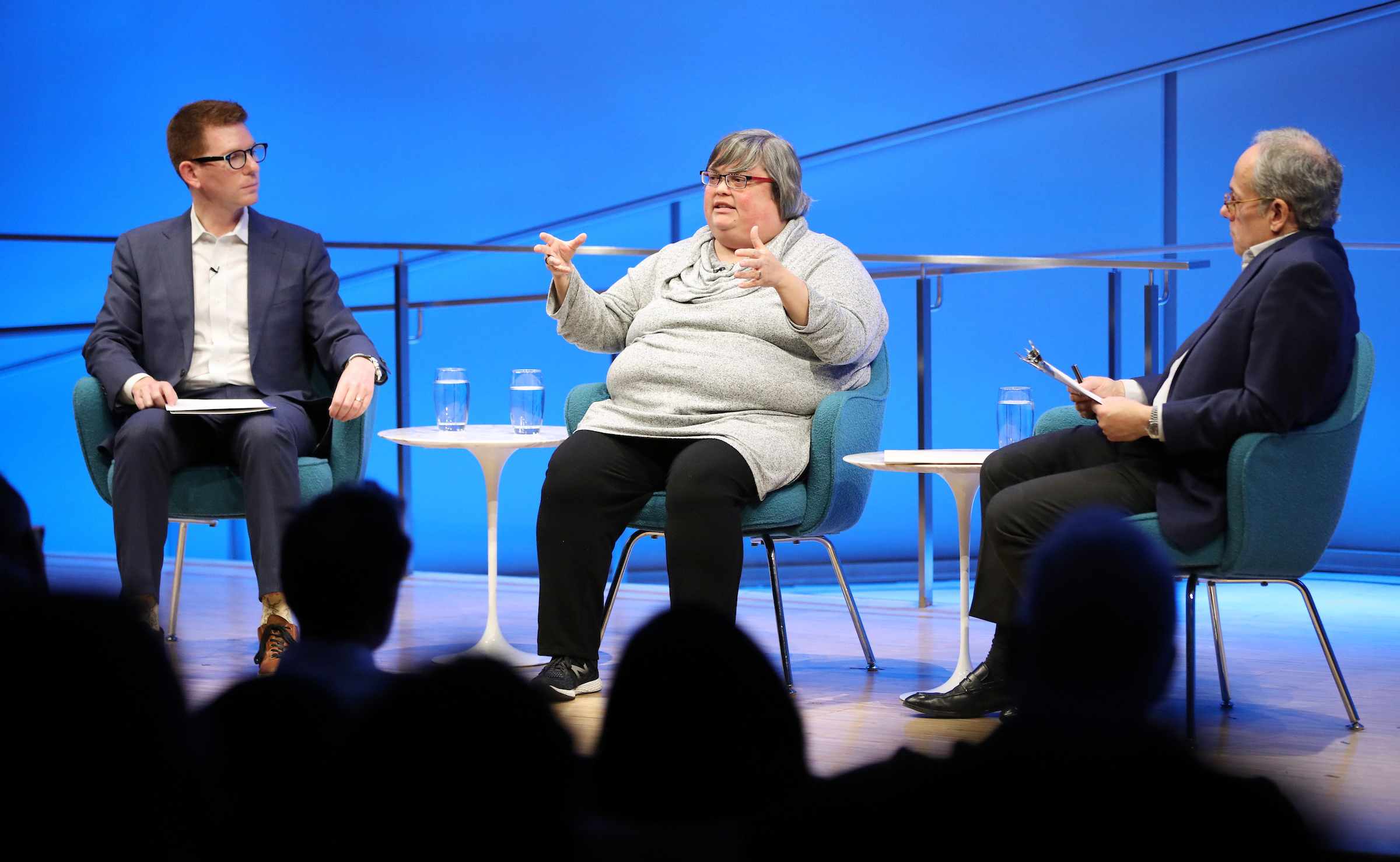 David Tessler, public policy manager on the Dangerous Organization team at Facebook, and Joan Donovan, director of the Technology and Social Change Research Project at the Harvard Kennedy School, take part in a public program with Clifford Chanin, the 9/11 Memorial and Museum executive vice president, at the Museum auditorium.