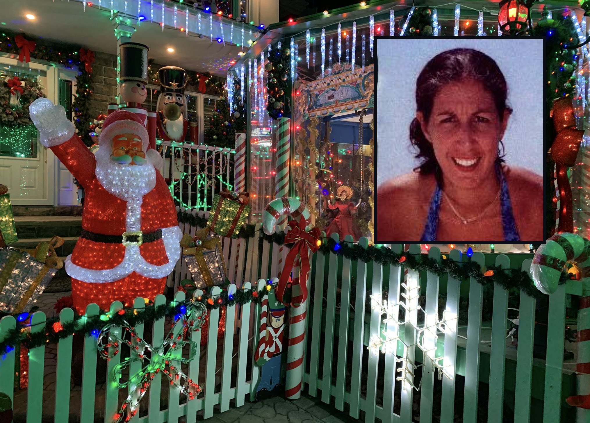 A Santa Claus, nutcrackers, and other Christmas-themed displays fill the yard of Joe DiMartino. An inset image shows his wife, Debra Ann DiMartino.