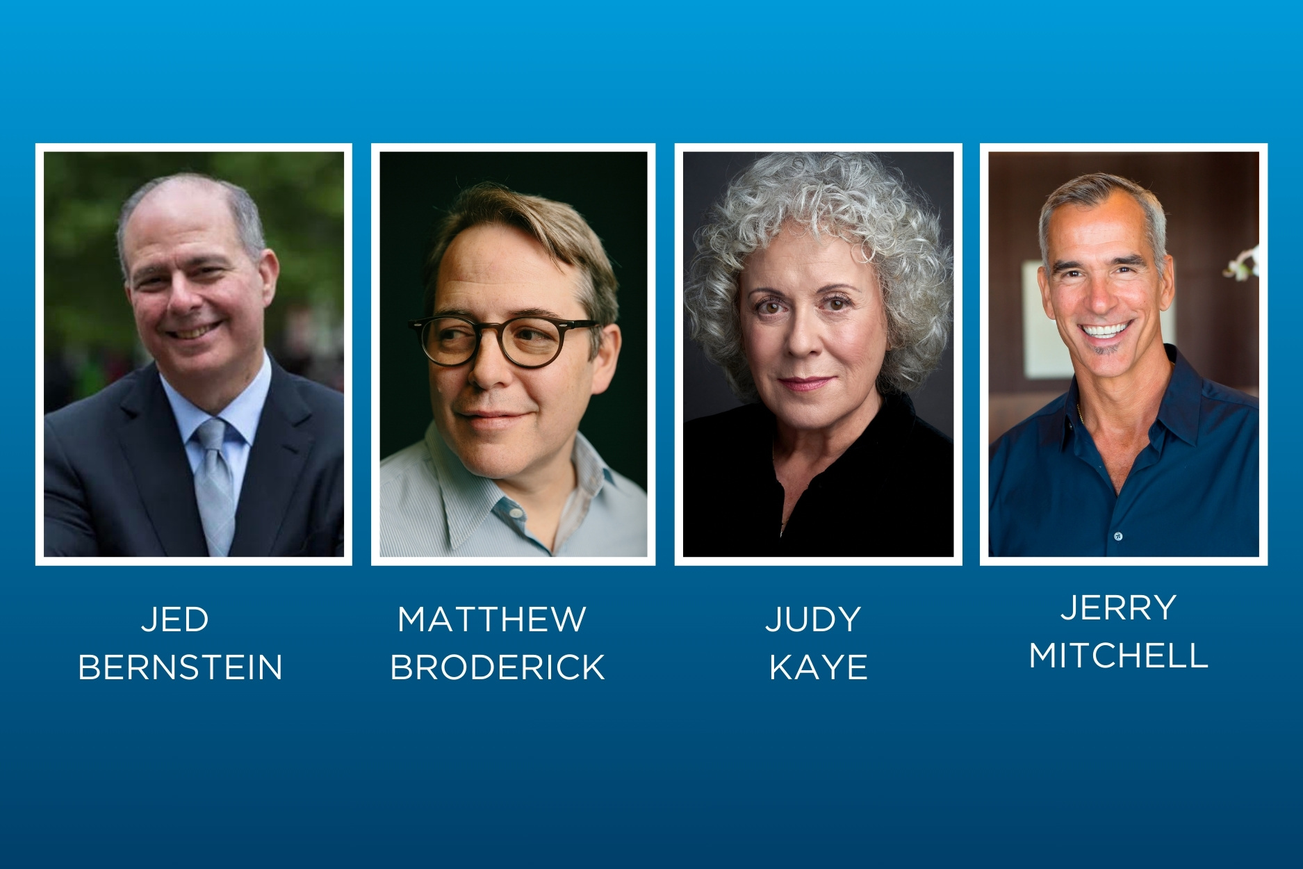 Four speaker headshots against a blue gradient background
