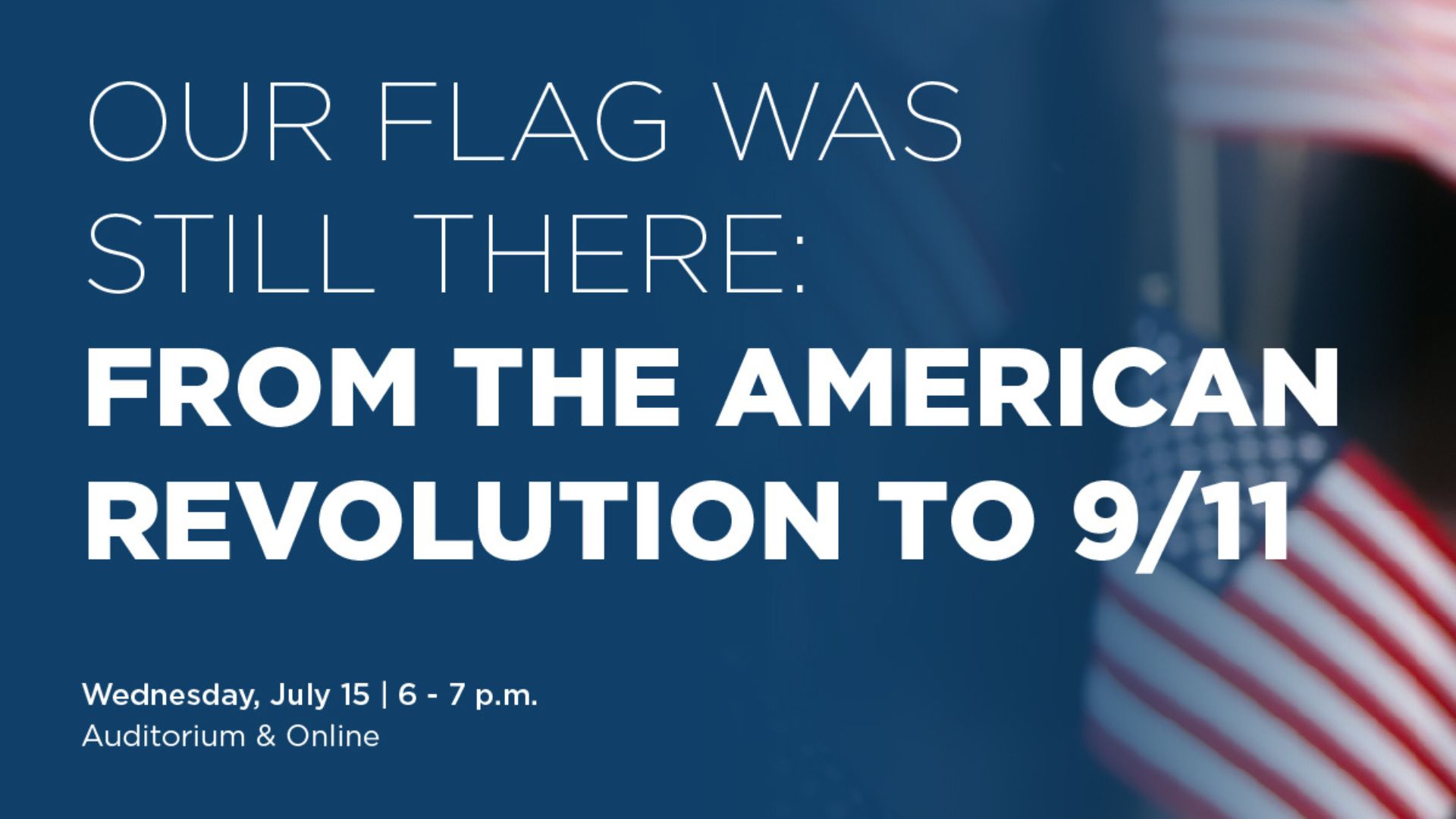 Text against a blue background with a portion of an American flag on the right
