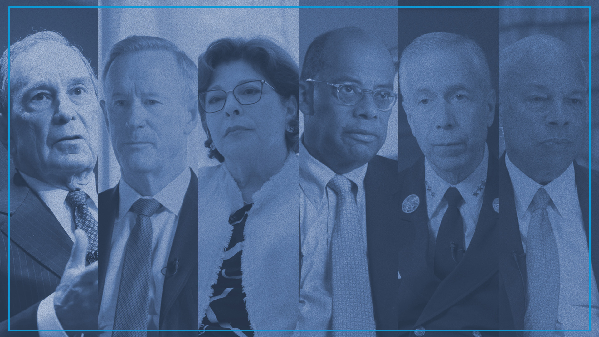Headshots of, left to right, Michael R. Bloomberg; Admiral William H. McRaven, USN (Ret.); Ada Dolch; Roger W. Ferguson, Jr.; Chief Joseph W. Pfeifer, FDNY (Ret.); Jeh Charles Johnson