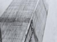 Drawing from the bottom looking up at one of the twin towers with flags in front