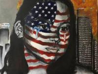 Young girl with American flag painted on face cries in front of the burning twin towers 