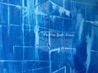 Oil painting with drips creating a less structured blueprint/building shape with headlines and repeated words saying "digging" in script.