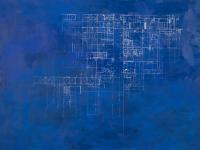 Blueprint painting and drawing with phrases hidden as annotations 
