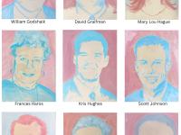 I painted 67 portraits—one for each coworker lost on September 11, 2001. We worked at Keefe, Bruyette & Woods on the 88th and 89th floors of Two World Trade Center (the South Tower). This image shows the third group of the alphabetized series, Portraits 19–27: William Godshalk, David Graifman, Mary Lou Hague, Frances Haros, Kris Hughes, Scott Johnson, Donald Kauth, Karol Keasler, and Russell Keene III.