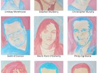 I painted 67 portraits—one for each coworker lost on September 11, 2001. We worked at Keefe, Bruyette & Woods on the 88th and 89th floors of Two World Trade Center (the South Tower). This image shows the fifth group of the alphabetized series, Portraits 37–45: Lindsay Morehouse, Stephen Mulderry, Christopher Murphy, Keith O'Connor, Marni Pont O'Doherty, Philip ‘Eddie’ Ognibene, Cira Patti, Michael Pescherine, and James Reilly.
