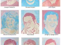 I painted 67 portraits—one for each coworker lost on September 11, 2001. We worked at Keefe, Bruyette & Woods on the 88th and 89th floors of Two World Trade Center (the South Tower). This image shows the sixth group of the alphabetized series, Portraits 46–54: Joseph Roberto, Ronald Ruben, John Ryan, Muriel Siskopoulos, Paul Sloan, Gregory Spagnoletti, Derek Statkevicus, Craig Staub, and Derek Sword.