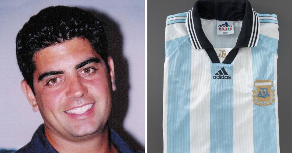 FDNY firefighter Sergio Villanueva smiles in an old photo. A separate image shows a soccer jersey owned by Villanueva on display on a gray surface at the Museum.