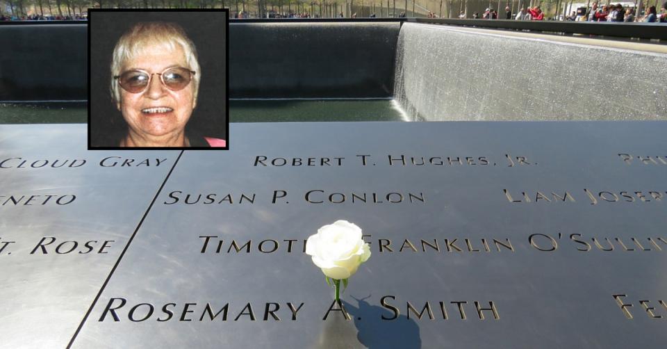 A white rose has been placed at the name of Rosemary Smith on the 9/11 Memorial. An inset image features an old photo of Smith smiling.