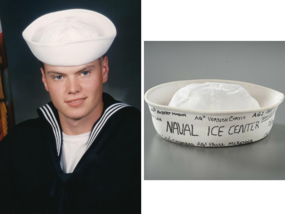 Edward Earhart wears his formal Navy outfit as he poses for an official photo. In a separate image to the right, Earhart’s white navy cap is displayed at the Museum.