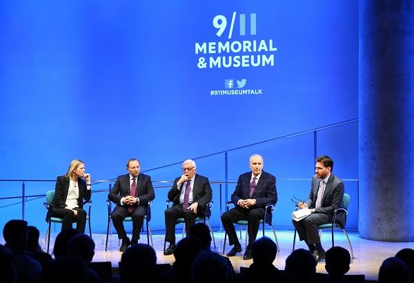 Sports commissioners join Sportscenter anchor Mike Greenberg speak onstage during a public program at the Museum auditorium.