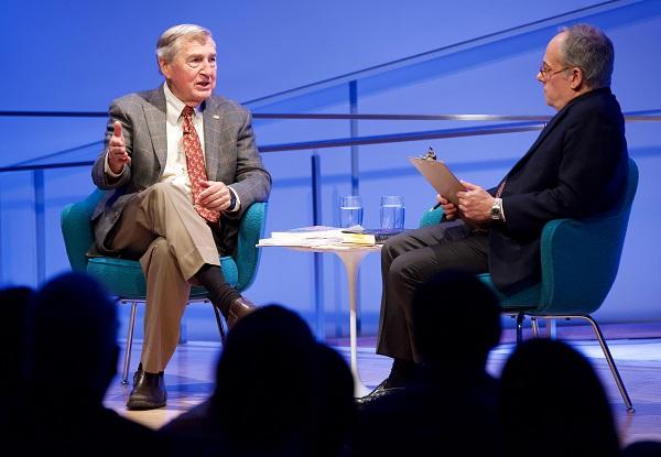 Graham Allison, a leading analyst of U.S. national security and defense policy, gestures onstage while being interviewed by Clifford Chanin, the executive vice president and deputy director for museum programs.