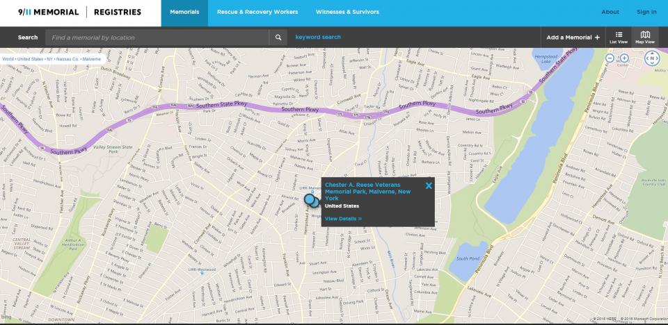 This screenshot of the 9/11 Memorials Registry shows a map of Malverne, New York, where Chester A. Reese Veterans Memorial Park is located.