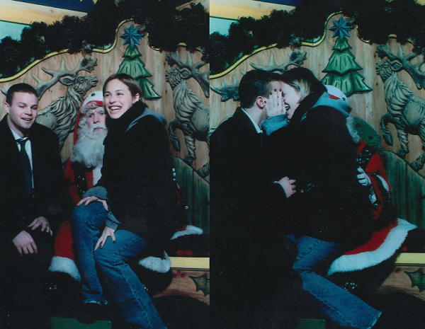 Kevin Michael Williams and his fiancee Jillian pose for photos after he proposed to her on Santa Claus’ lap at Macy’s in December 2000.