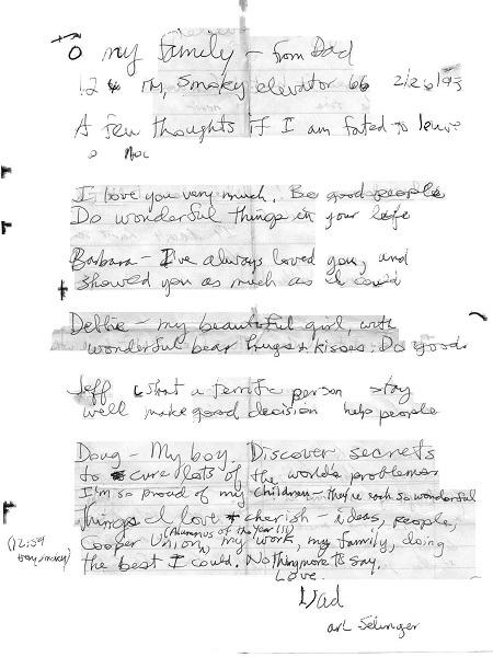 A scanned image shows Carl Selinger’s handwritten letter to his loved ones. It begins “to my family, from dad” and ends with, “love dad.”