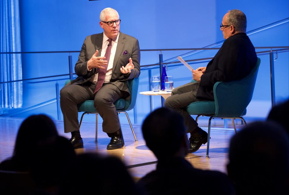 NYPD Deputy Commissioner John Miller speaks with Clifford Chanin, the executive vice president and deputy director for museum programs.