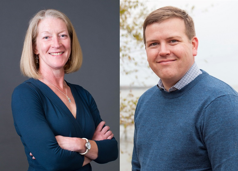 A composite image of two professional headshot photographs. On the left, a blonde woman in a blue dress stands with arms crossed in front of a gray background. On the right, a man in a blue sweater stands in the foreground, with trees in the background.