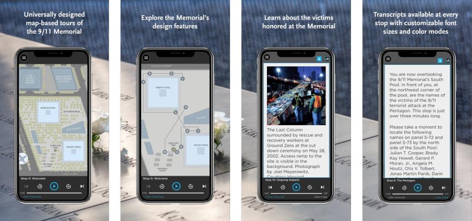 This composite image is comprised of four smaller images that show different screenshots of the user experience through the 9/11 Memorial Guide.  