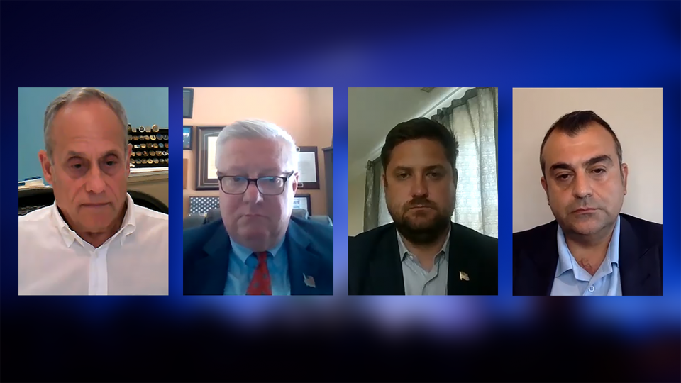 A composite image on a blue background of four public program participants on a Zoom call.