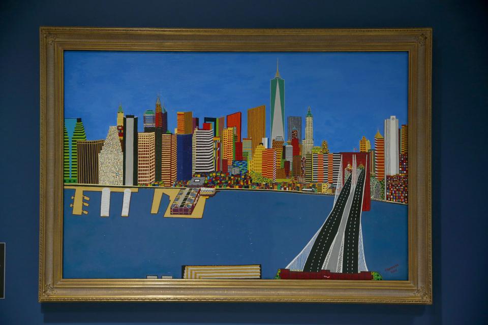 Artist's rendering of lower Manhattan skyline and Brooklyn Bridge